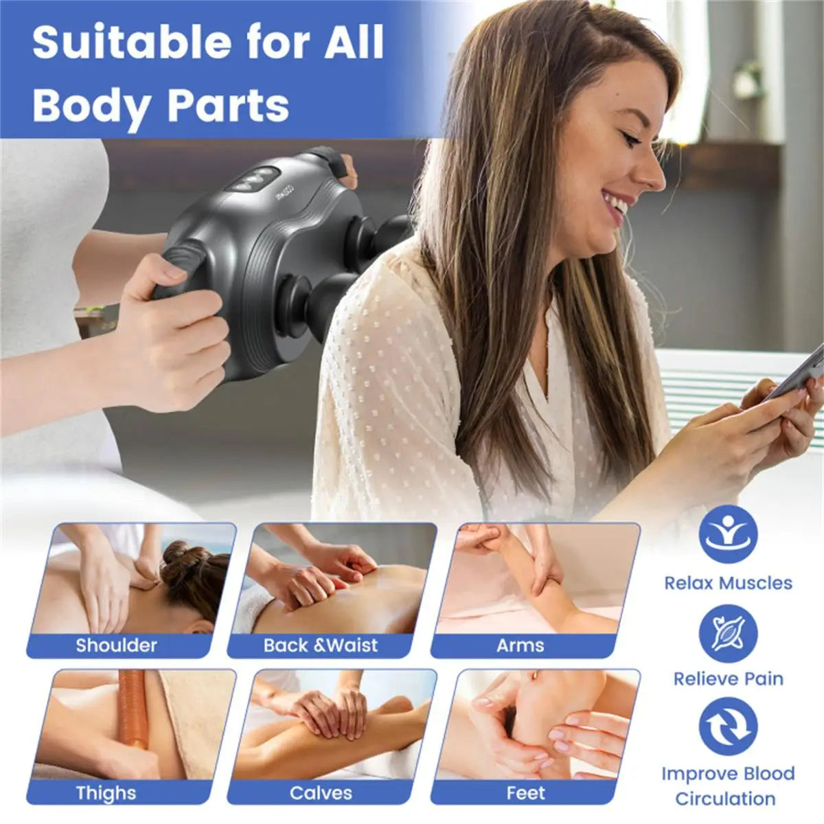 Electric Massager with 3 Heads & Adjustable Modes